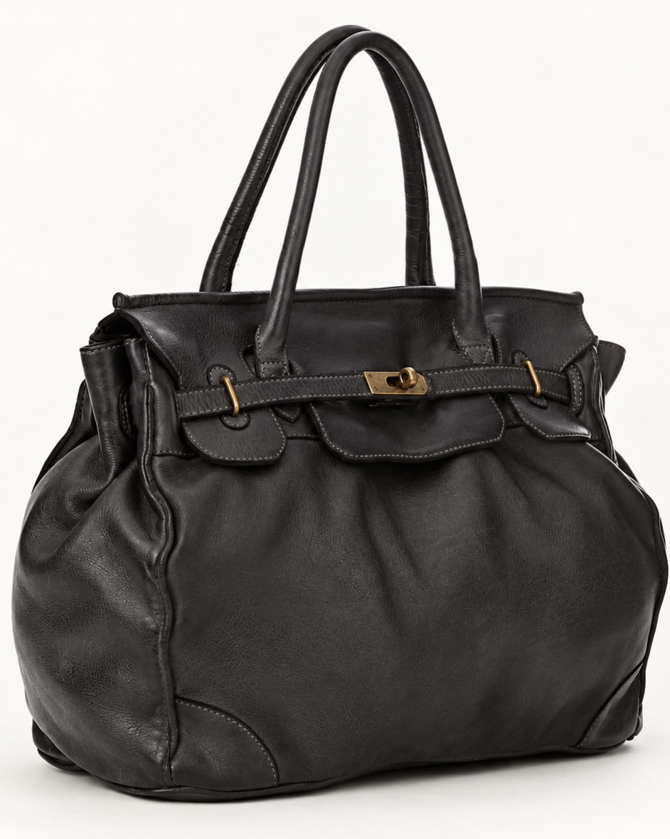 MAISON ADAMO Model 01 tote bag in black washed calf leather with dark gold-tone hardware, three-quarter view