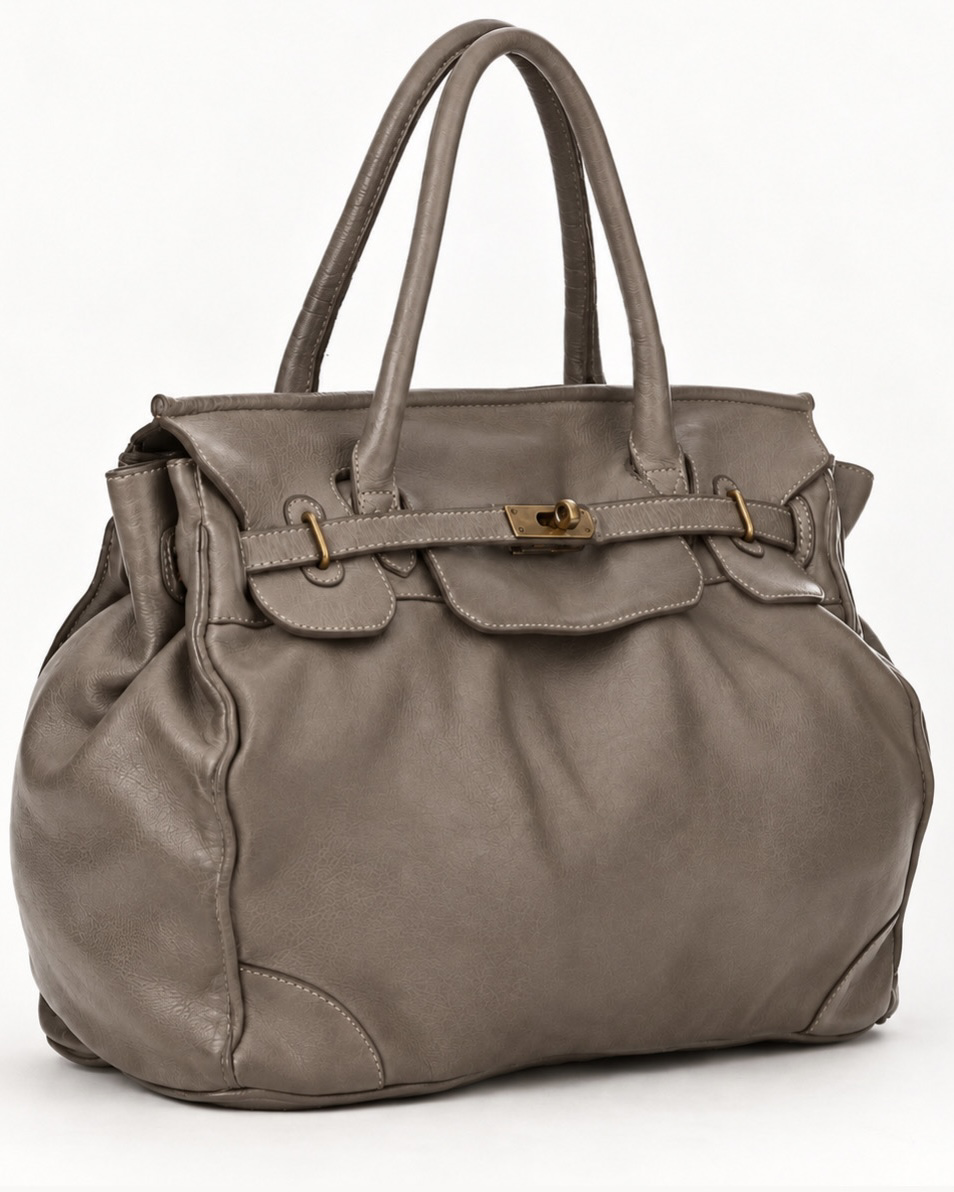 MAISON ADAMO Model 01 tote bag in taupe washed calf leather with dark gold-tone hardware, three-quarter view