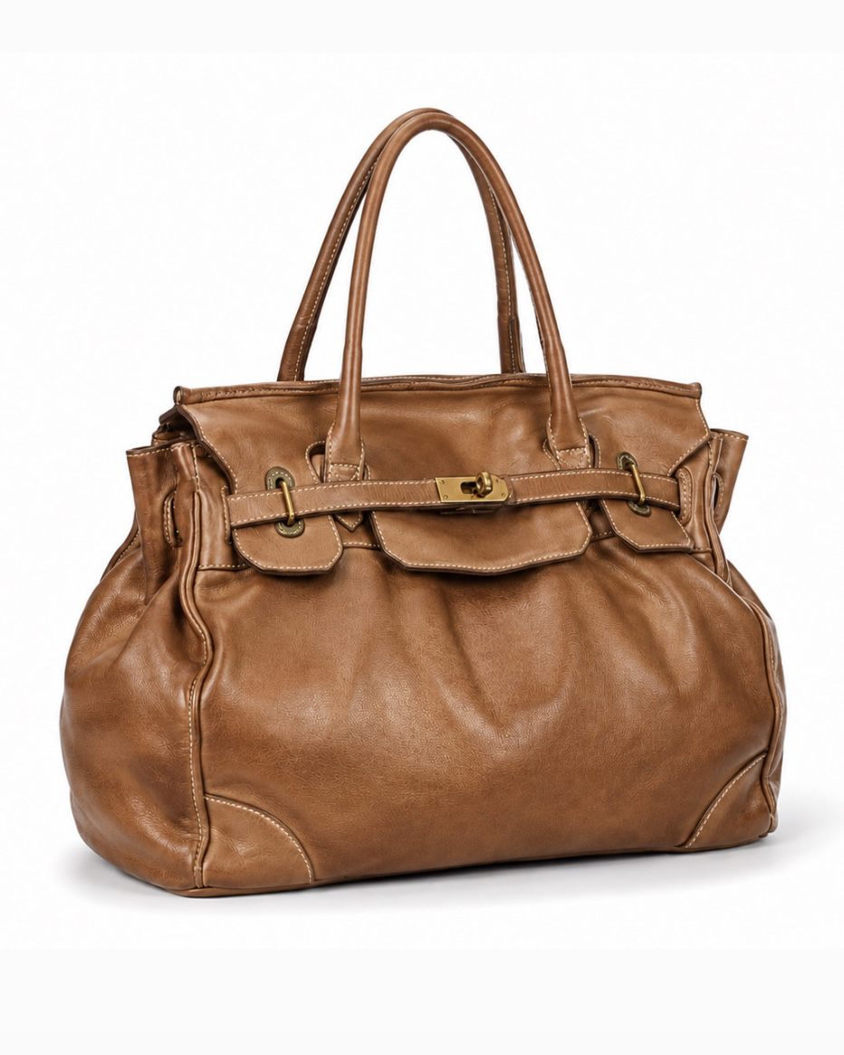 MAISON ADAMO Model 02 tote bag in camel washed calf leather with dark gold-tone hardware, three-quarter view