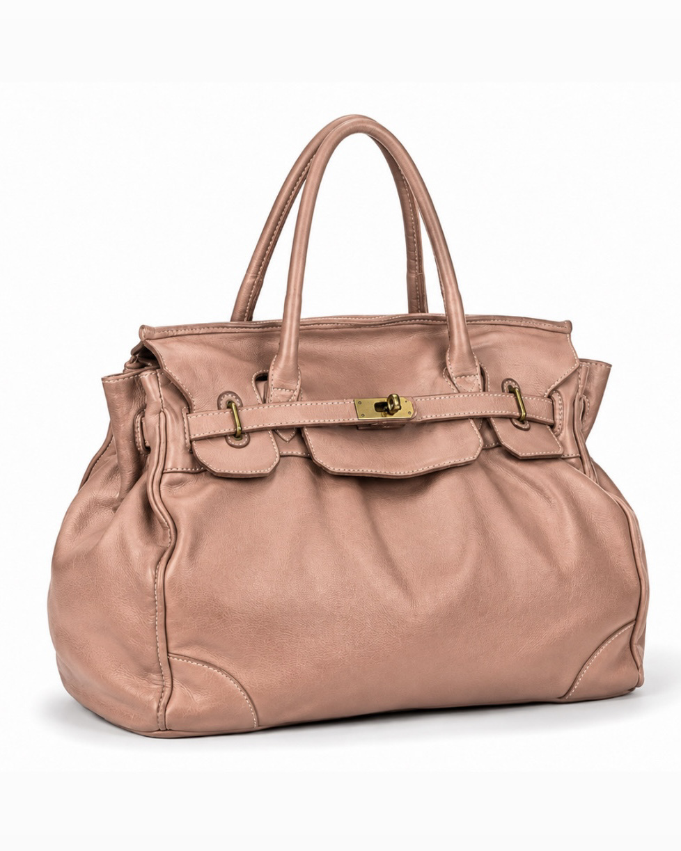 MAISON ADAMO Model 02 tote bag in powder pink washed calf leather with dark gold-tone hardware, three-quarter view